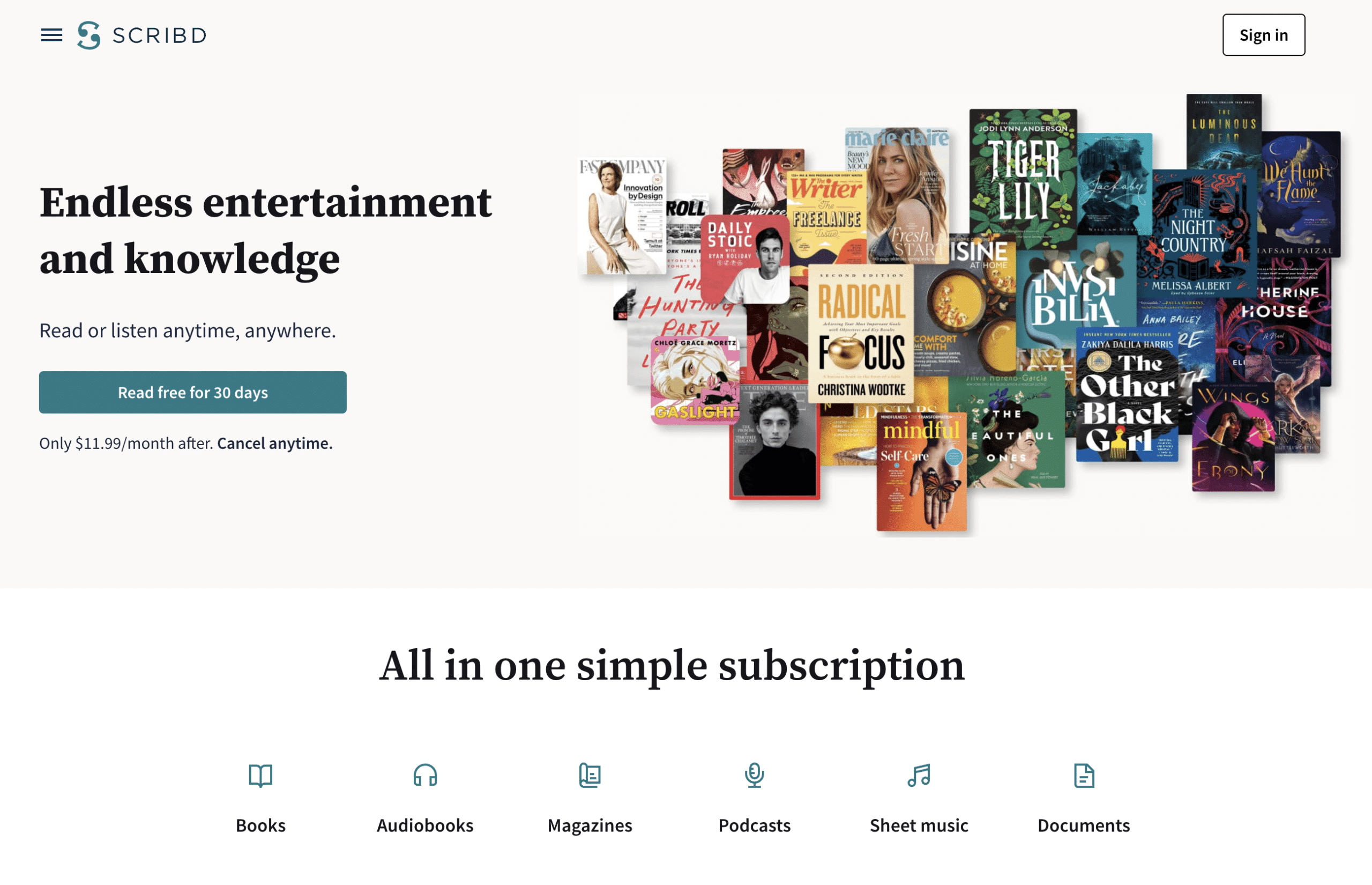 screenshot shows scribd landing page