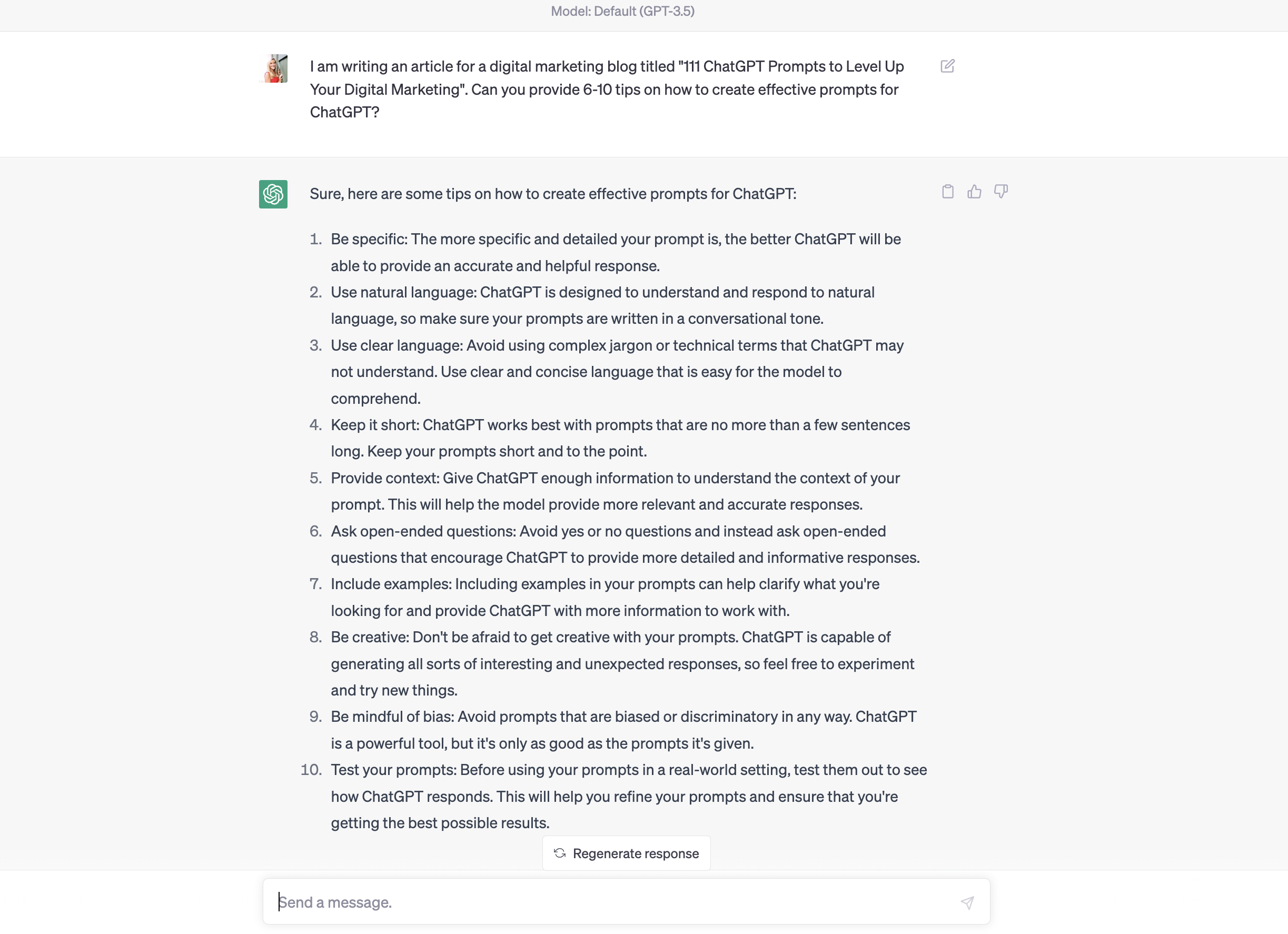 screenshot shows chatgpt response to question about chatgpt prompts for digital marketing